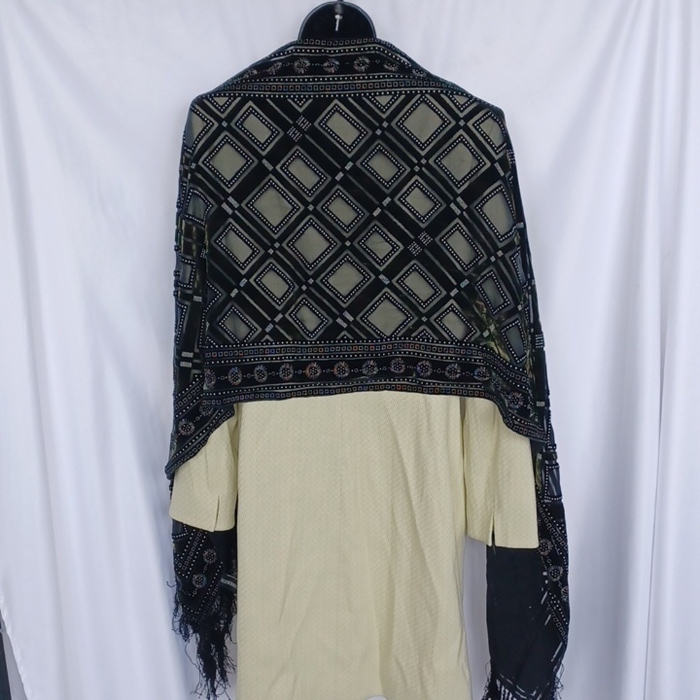 Vintage Geometric Art Silk Burnout Velvet, Black/Green/White, 20"x68"+fringe